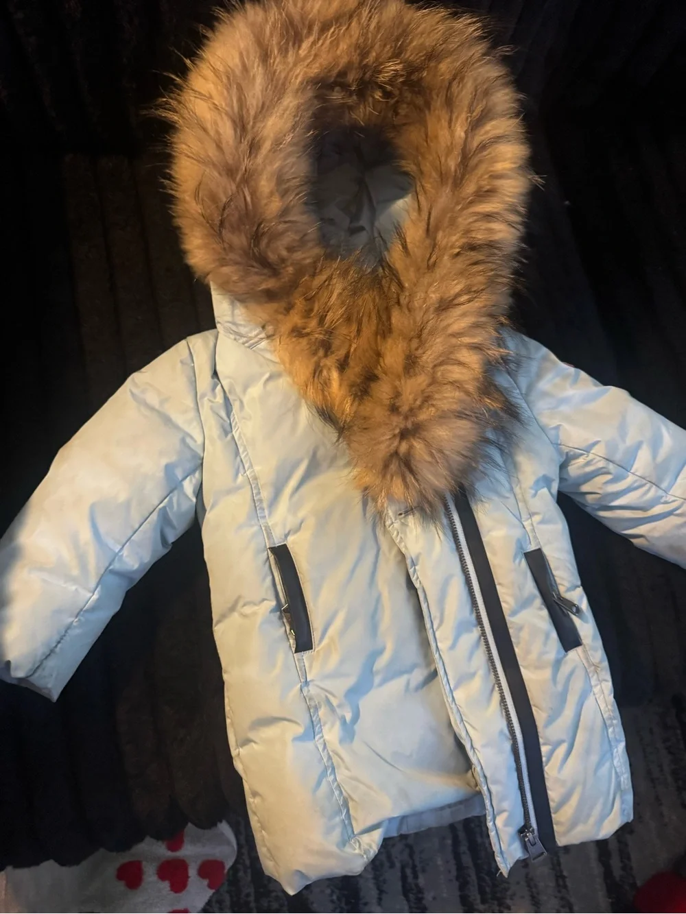 Girls' Light Blue Puffer Hood with Brown Faux Fur Trim